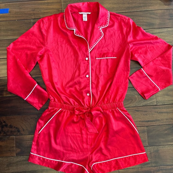 Victorias Secret Satin Pajama Romper Rhinestone Button Front Sleepwear Red Small - Picture 2 of 4